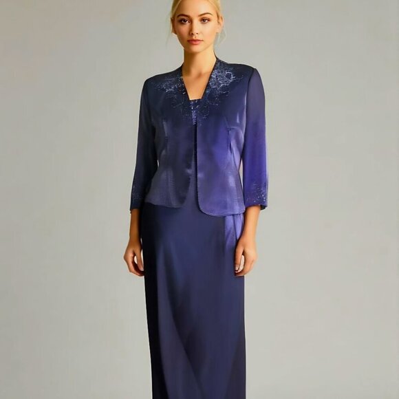 ALEX Evenings Sapphire Beaded Sequined Satiny Shimmery 2pc Formal Dress 10P NWT - Picture 1 of 10